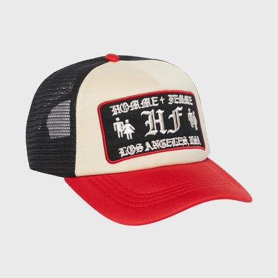Homme Femme “Old English” Trucker Hat (Blk/Red)